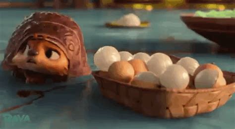 A Cartoon Character Is Looking At An Egg In A Basket On The Table Next