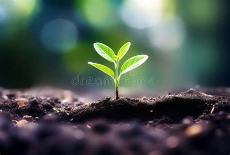 Close Up Of A Young Plant Sprouting From The Ground With Green Bokeh