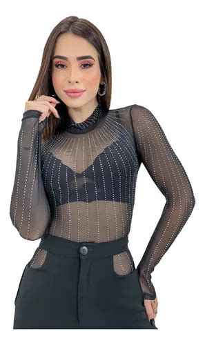 Body Blusa Tule Pedraria Brilho Strass Manga Longa Festa MercadoLivre