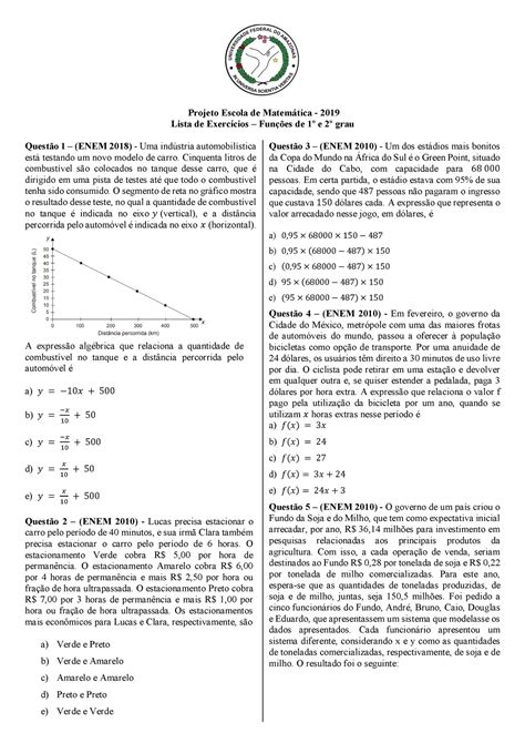 Lista De Função De 1º E 2º Grau Projeto Escola De Matemática 2019