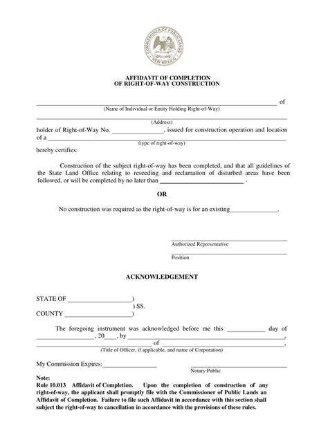 New Mexico Right Of Way Construction Affidavit Of Completion Fill Out