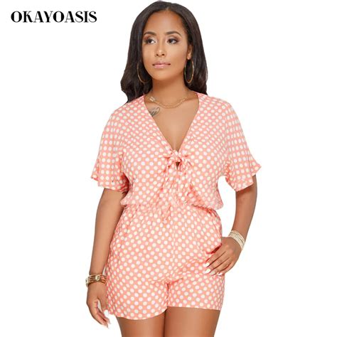 Okayoasis 2018 Deep V Neck Polka Dot Jumpsuits Rompers Women Cute