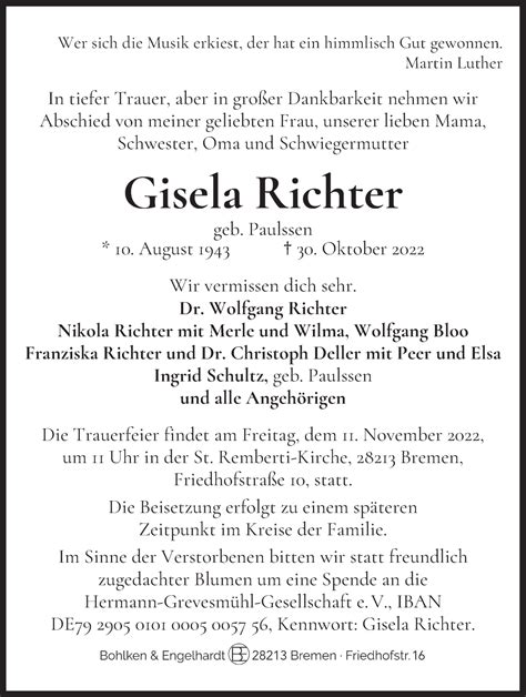 Traueranzeigen Von Gisela Richter Trauer Gedenken