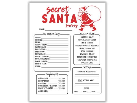 Secret Santa Survey | Secret Santa Questionnaire | Secret Gift Exchange