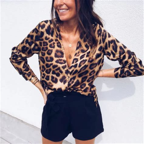 Women Boho Casual Leopard Print Blouse Sexy V Neck Leopard Print