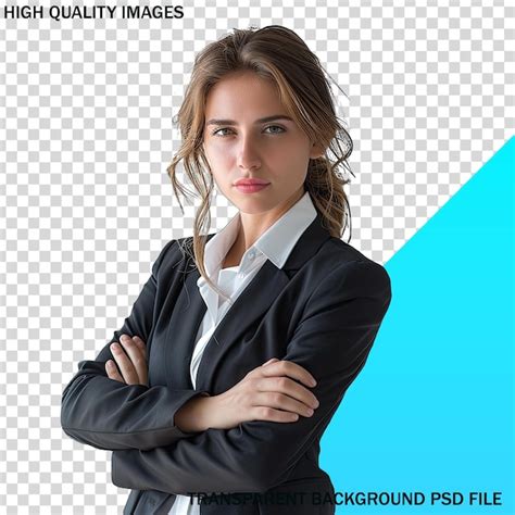 A Woman With Her Arms Crossed In Front Of A Blue Background Premium