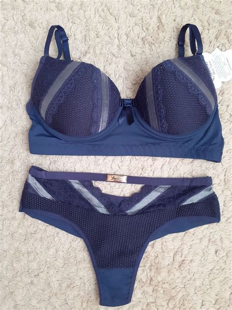 Conjunto Calcinha E Suti Azul Marinho Lingerie Feminina Estilosa Moda Intima Nunca Usado