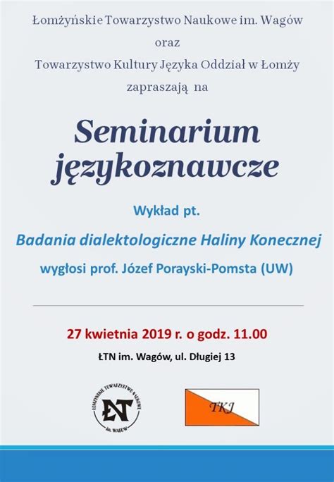 Zaproszenie na Seminarium językoznawcze 27 04 2019 r Łomżyńskie