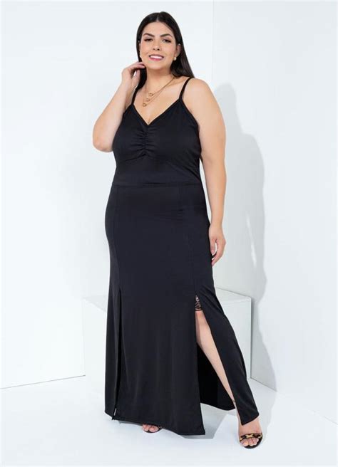 Vestido De Alças Preto Com Fendas Plus Size Marguerite