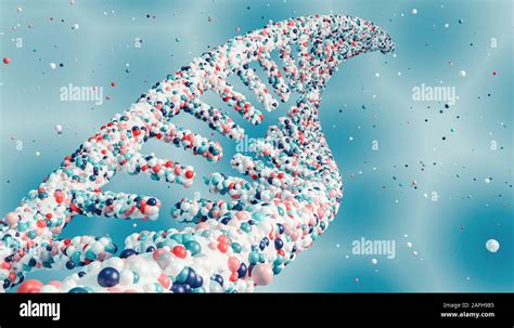 Dna Strands Double Helix Close Up And Colorful Particles On Blue