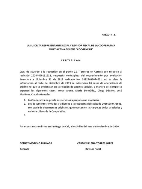 Certificaciones Representante Legal Y Revisor Fiscal Requer Super Oct 2020 Pdf Cooperativa