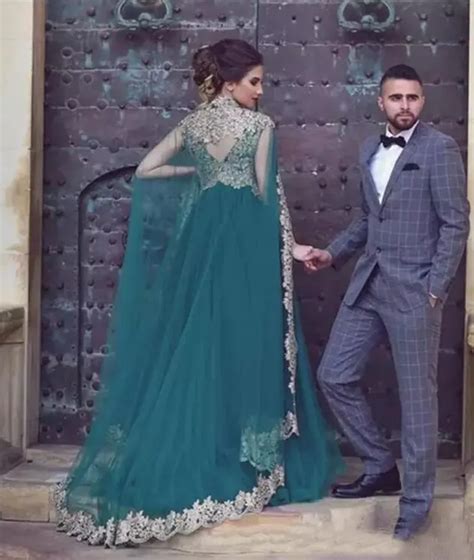 2018 Arabic Teal Tulle Evening Gown With Cape With Lace Appliques And