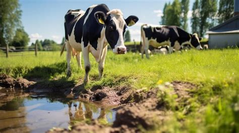 Premium AI Image A Black And White Cow Standing On Top Of A Lush