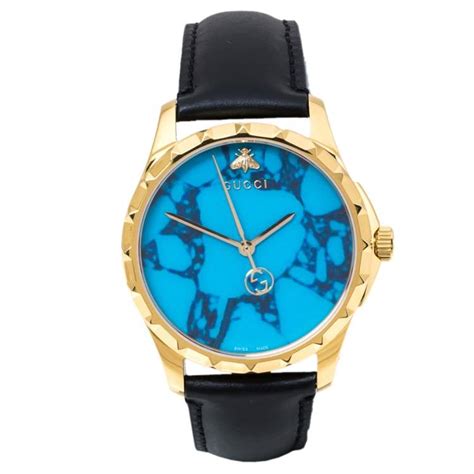 Gucci Turquoise Blue Gold Tone Stainless Steel Leather G Timeless 1264 Mens Wristwatch 38 Mm