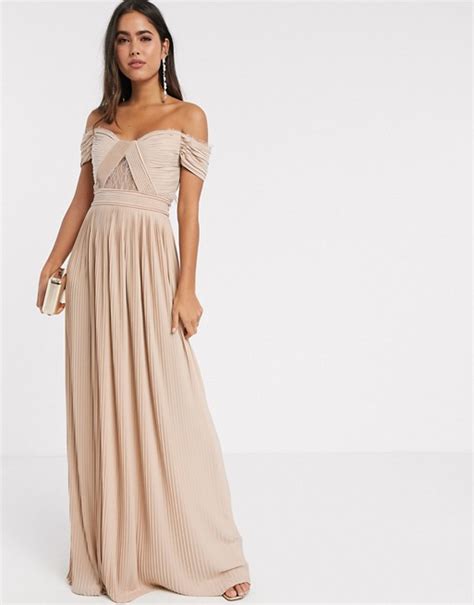 Asos Design Premium Lace And Pleat Bardot Maxi Dress In Champagne