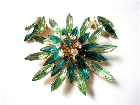 Rhinestone Brooch Pin Earrings Set Green By Sobejeweled On Etsy