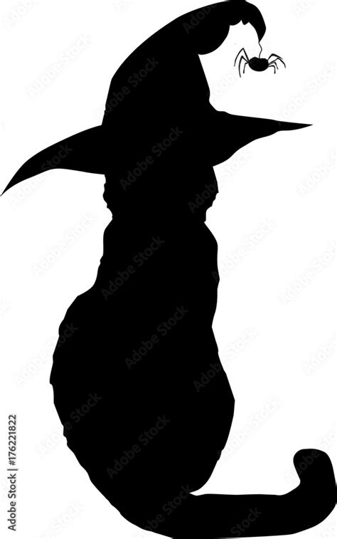 Black cat in witch hat silhouette isolated on white background. Vector ...