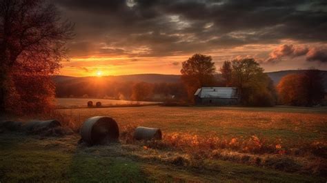 Uma Casa No Meio De Um Campo Um P R Do Sol Ao Fundo Foto Premium