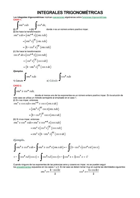 Clases De Integrales Con Formulas Integrales TrigonomÉtricas Las