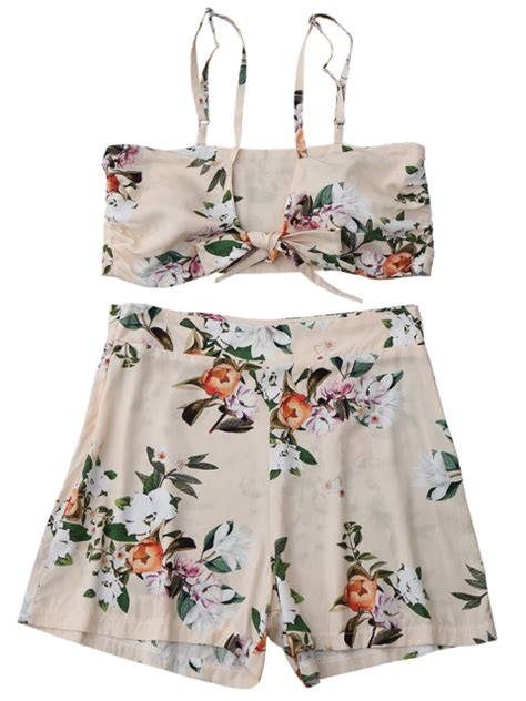 Floral Knotted Crop Top And High Waisted Shorts Set