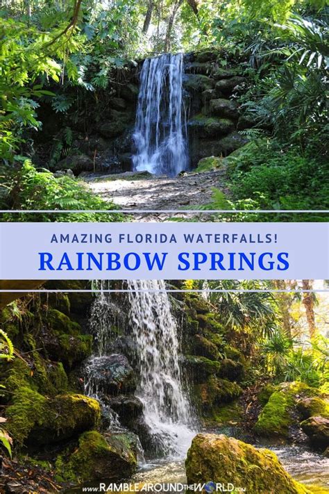 a waterfall with the words amazing florida waterfalls rainbow springs in blue and white over it