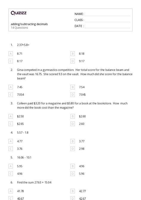 50 Subtracting Decimals Worksheets For 4th Year On Quizizz Free And Printable