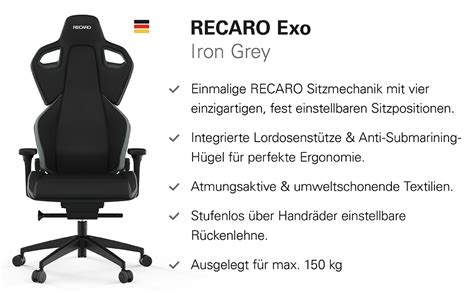 Recaro Exo Iron Grey Ergonomischer Hochwertiger Gaming Stuhl Mit