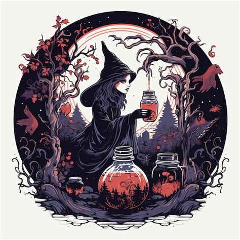 Premium Vector Witch Brewing Potion In Dark Forest Vector