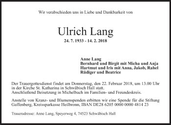 Traueranzeigen Von Ulrich Lang S Dwest Presse Trauer