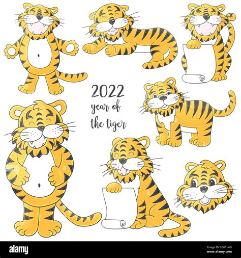 Symbol Of 2022 Set Of Tigers In Hand Draw Style Faces Of Tigers New Year 2022 Collection Of