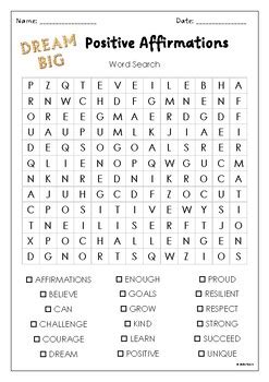 Positive Affirmations Word Search Puzzle Activity Social Emotional Learning