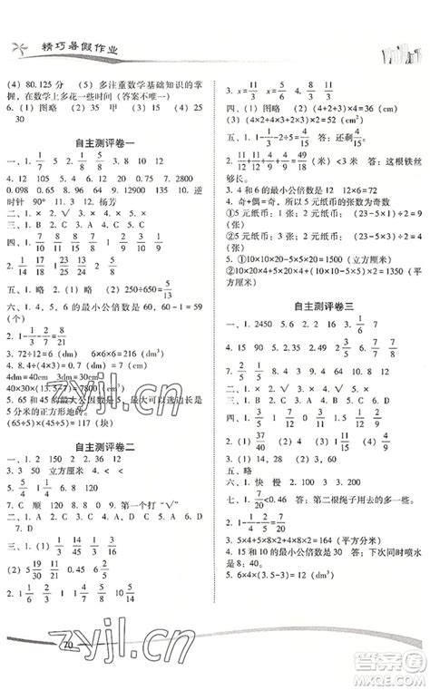 云南美术出版社2022精巧暑假作业五年级数学rj人教版答案 精巧暑假作业数学五年级下册答案答案圈