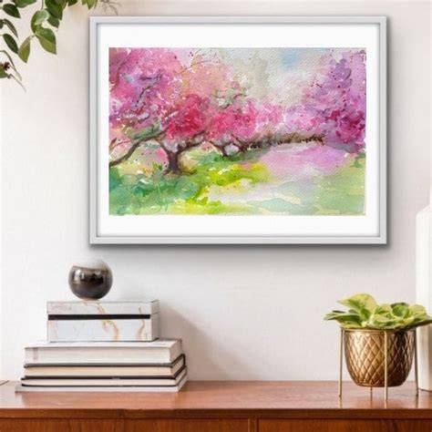 Blossom Trees Original Watercolor Painting Pink Flowers Spring Etsy