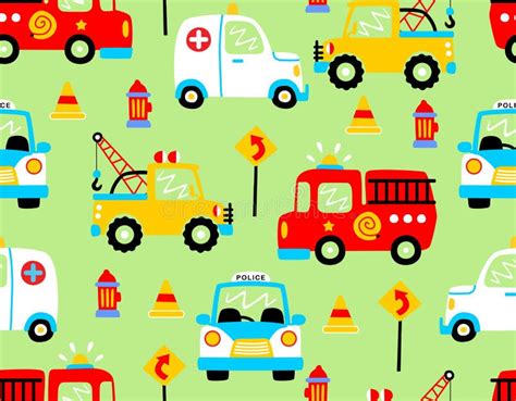 Seamless Pattern Vector Of Rescue Vehicles Cartoon Traffic Element