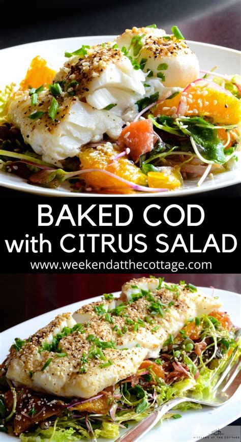 Baked Cob With Citrus Salad On A White Plate And In The Foreground