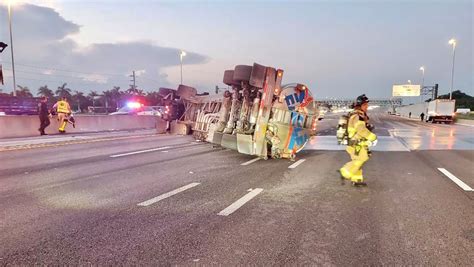 Overturned Gas Tanker Blocks All Lanes Of Floridas Turnpike In Miami