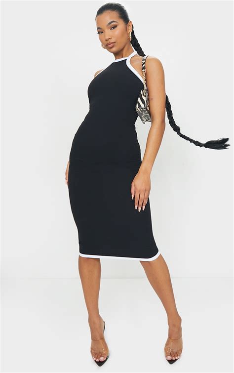 Black Contrast Halterneck Midi Dress Prettylittlething