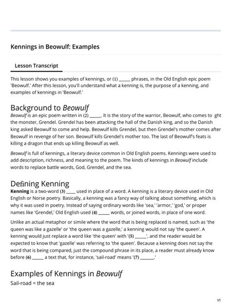 Kennings in Beowulf - Examples - (Cloze) | PDF | Beowulf