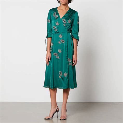 Hope And Ivy Harley Bead Embellished Satin Midi Wrap Dress