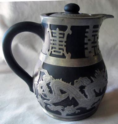 Antique Chinese Dragon Tea Set Yixing Zisha Black Clay Pewter