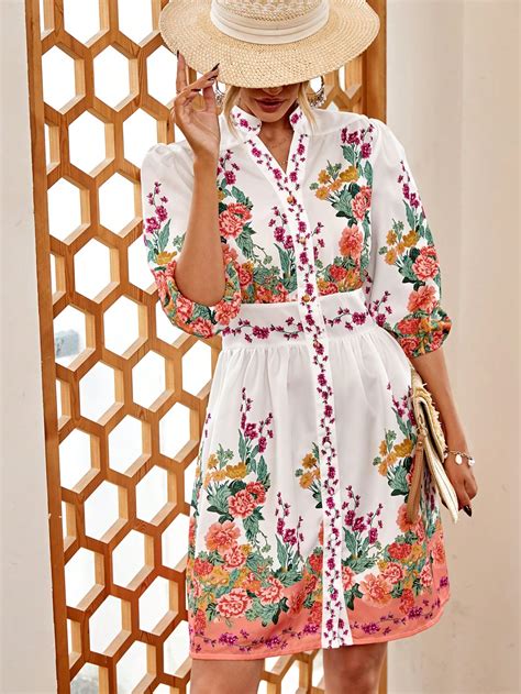 Shein Vcay Vestido Con Estampado Floral De Cuello Notch De Manga Farol