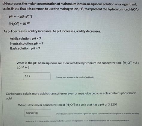 Solved Ph Expresses The Molar Concentration Of Hydronium