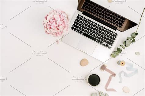 Flat Lay Home Office Desk Containing Flat Lay And Flower Home