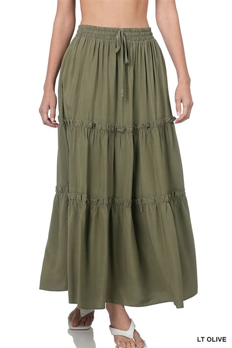 Zenana Women And Plus Boho Elastic Drawstring Waist Tiered Ruffle A Line Woven Maxi Skirt