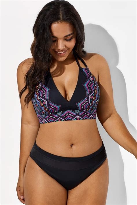 Black And Purple Printed Halter Sexy Bikini Set Meet Curve
