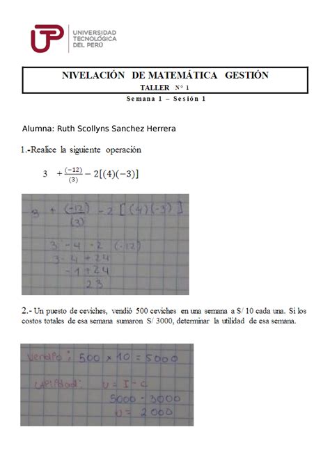 Taller 1 Nivelación DE Matemática Gestión Nivelacion de Matemática