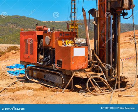 Crawler Drilling Rigs Perform Engineering And Geological Surveys Stock