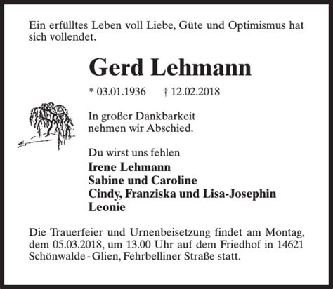 Traueranzeigen Von Gerd Lehmann Trauer Anzeigen De