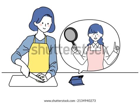 Clip Art Woman Cooking While Watching Stock Vector Royalty Free