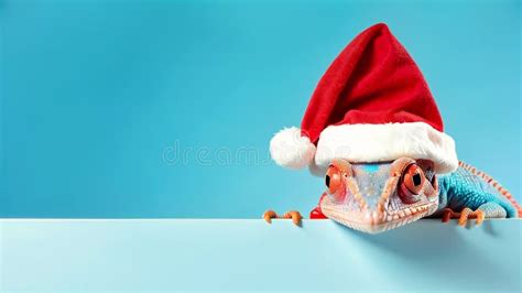 Funny Chameleon In Red Santa Claus Hat Peeking Over Blue Background